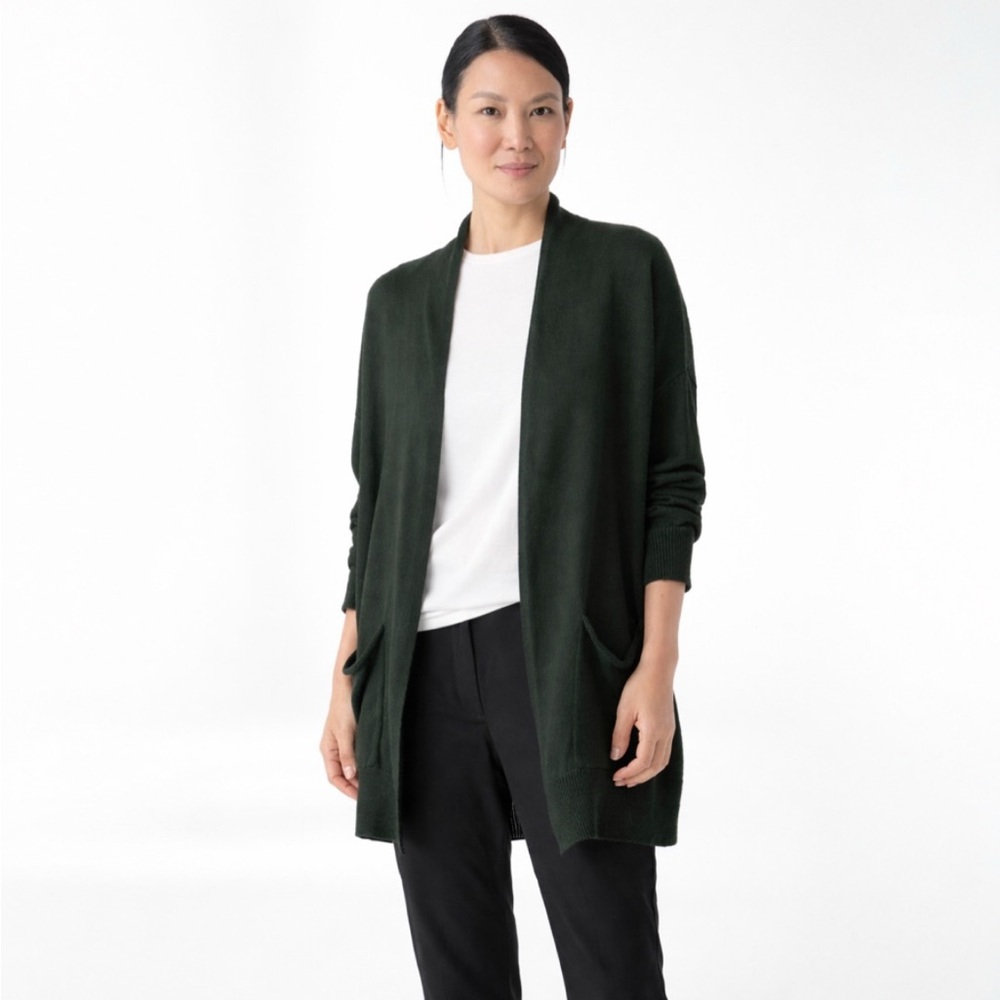 Eileen Fisher Open Front Olive Green Duster Cardigan Minimal M Lagenlook Slouchy